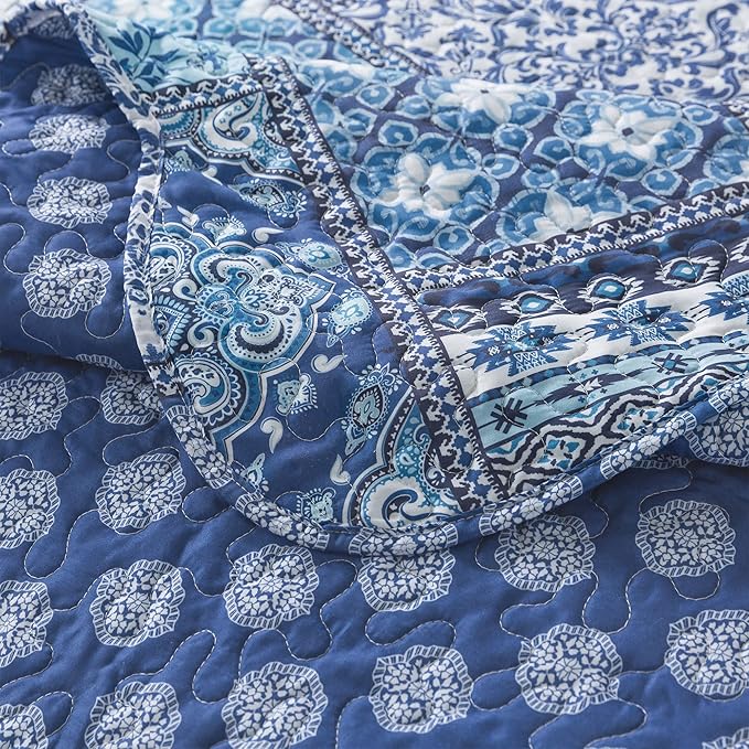 HoneiLife Rustic Quilt Sets Queen - 3 Pieces Microfiber Quilt Sets Lightweight Bedspreads Floral Coverlets Retro Bed Cover All Season Quilts-Blue