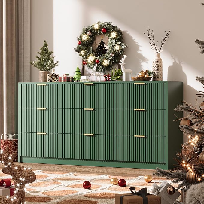 Green 9 Drawer Dresser for Bedroom, 63" Wide Modern Fluted Dresser with Gold Metal Handles, Chest of Drawers for Bedroom, Living Room, Entryway, Hallway