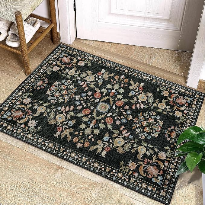MUJOO Small Rug Washable,Black 2x3 Area Rugs for Entryway,Floral Front Door Mat Indoor Entrance Entry Way,Boho Kitchen Bathroom Floor Rug Throw Carpet Non Slip Low Pile Vintage