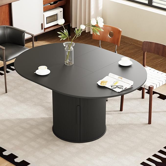weselon 43"-59" Extendable Round to Oval Dining Table with Hidden Storage, Modern Wooden Kitchen Table with Fluted Sliding Door Cabinet, Expandable Dinner Table for Dining Room Living Room (Black)