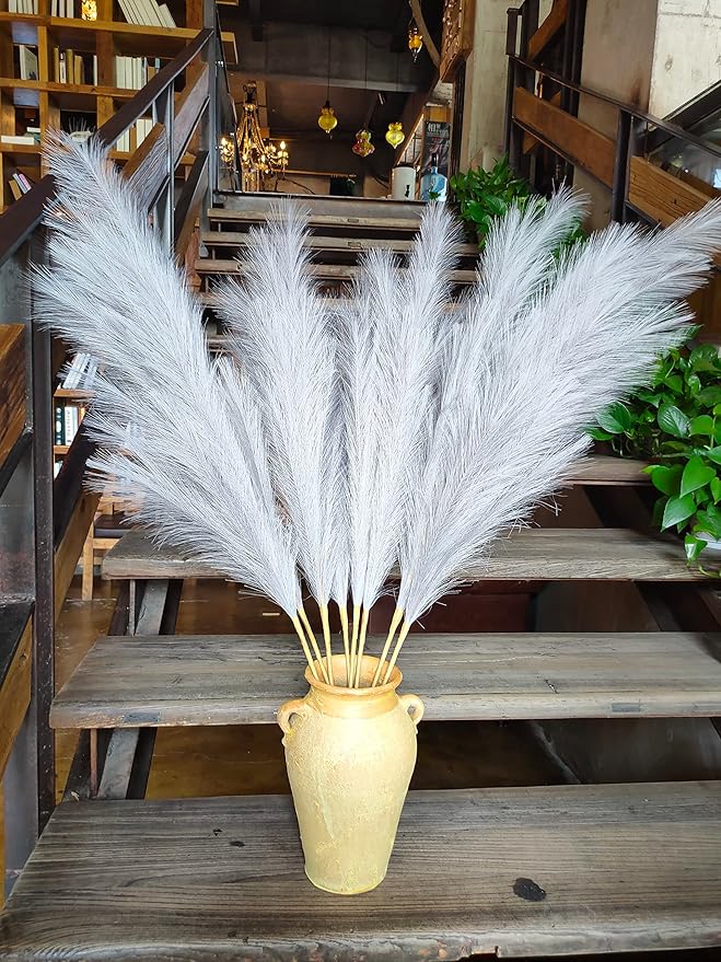 Premium Faux Pampas Grass Decor Tall & Fluffy, No Assembly Needed Long Pampas, Luxury Large Floral, Elegant Feather Flowers for Wedding Decorations(Faux Grey, 8pcs 43.3"(110cm))