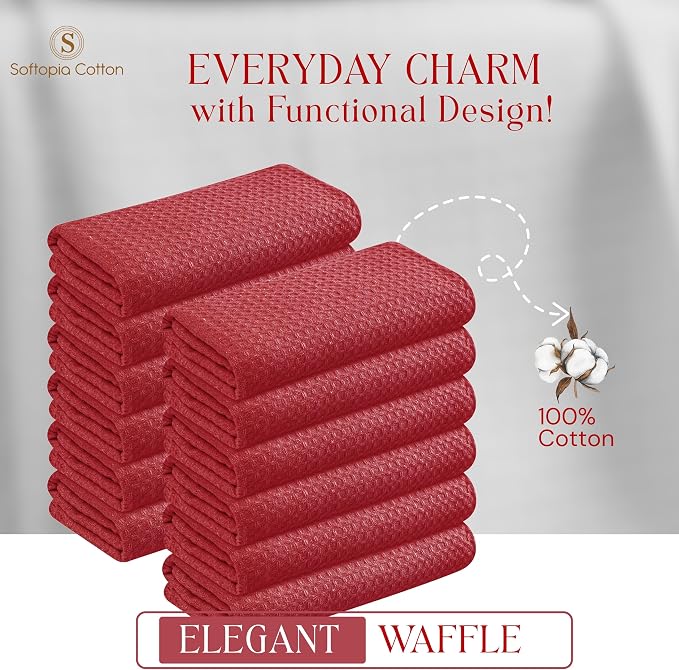 Red Waffle Kitchen Towels, 100% Cotton, Quick Dry, Super Absorbent, Soft, Lint-Free, 16x26 Inches, with Hanging Loop - Ideal for Dish Drying, Bar, Tea, Cleaning & Everyday Use, 4 Pack