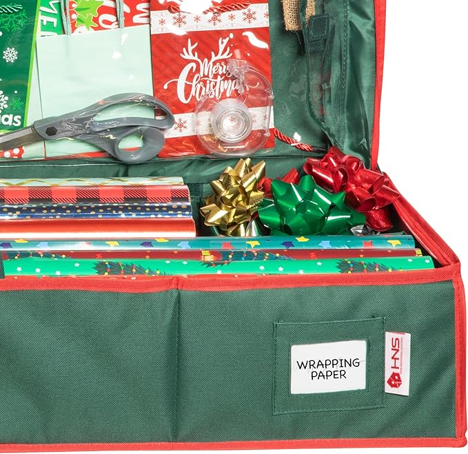 HOLDN’ STORAGE Premium Wrapping Paper Storage Container - Durable 600D Tear-Proof, Fits 27 Rolls Gift Wrap, Extra Pockets for Ribbons & Bows, Underbed Storage - Ideal for Holiday Christmas, Green