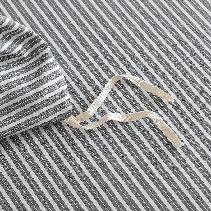 JIYUAN 100% Washed Cotton Striped Duvet Cover Set 3 Pieces King, 1 Duvet Cover and 2 Pillowcases(Comforter Not Included),Linen Like Comfy and Breathable,Pinstripes-Heathered Dark Grey White