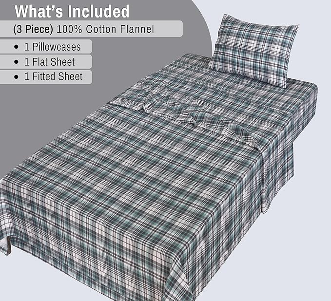 RUVANTI Flannel Sheets Twin XL Size - 100% Cotton Double Brushed Twin XL Sheet Sets, Deep Pockets 16 Inches, All Seasons Breathable & Extra Soft Bed Sheets, Warm & Cozy, 3 Piece, Mint Grey