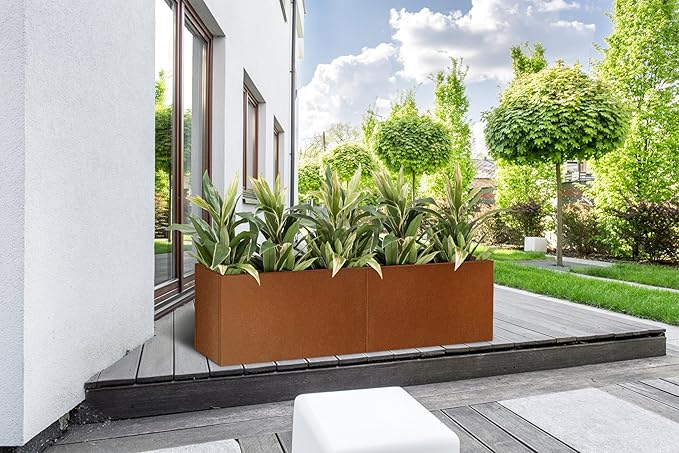 Corten Steel Corner Metal Planter Box L36 x W12 x D16 Rusted Garden Steel Planter Pot for Patio Modern Farmhouse Rustic Design (L36 x W12 x D16, Rusted)