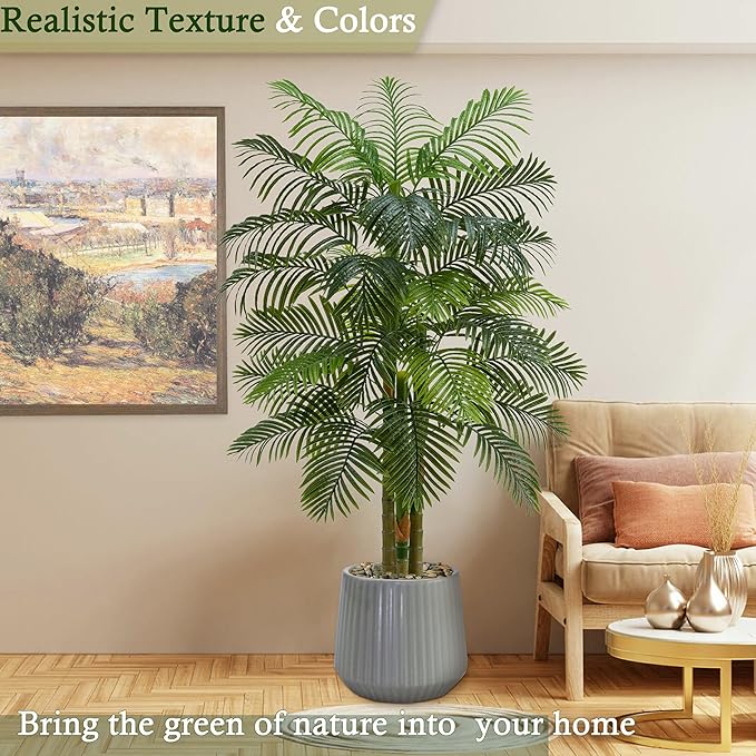 Artificial Golden Cane Palm Tree:6T Fake Large Tropical Areca Palm Trees Tall Faux Silk Plant in White Pot with Realistic Triple Textured Trunks for Office Outdoor Home Decor Hotel Patio Lobby