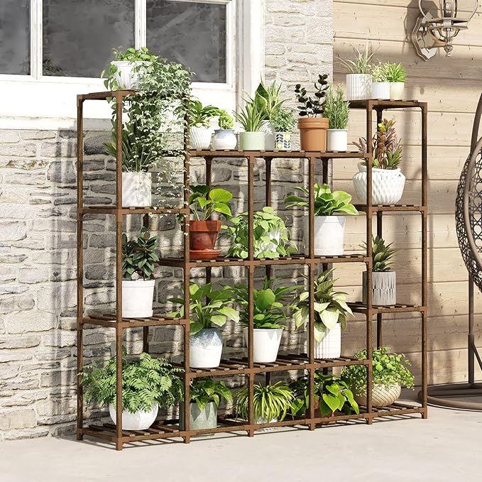 Bamworld Large Plant Shelf Indoor Plant Shelf Outdoor Tall Wood Plant Holder for Living Room Multiple Plants Patio Balcony Garden 17 Pots