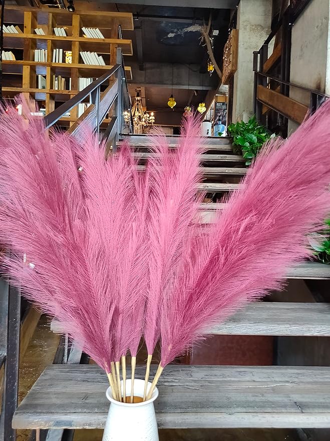 Premium Faux Pampas Grass Decor Tall & Fluffy, No Assembly Needed Long Pampas, Burgundy Red Large Floral, Elegant Feather Flowers for Wedding Decor(Faux Claret Red, 8pcs 43.3"(110cm))