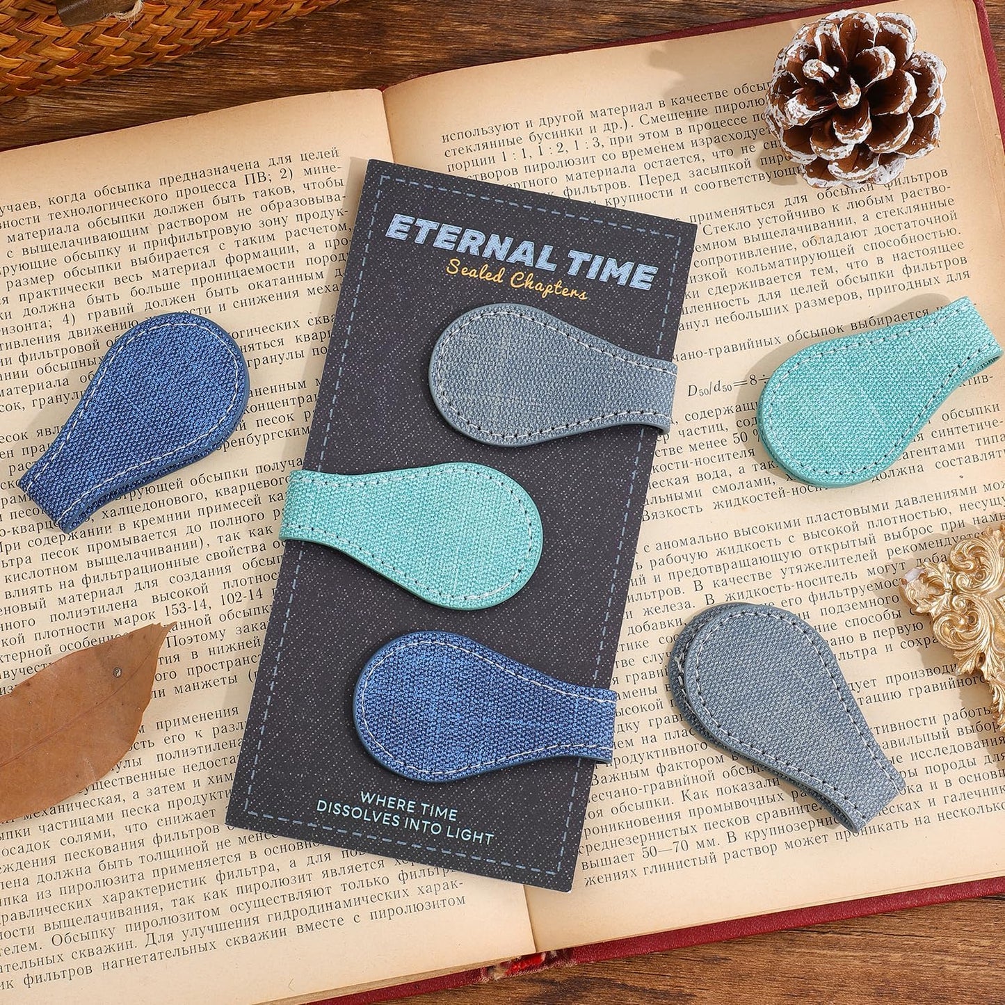 Skiennix Vintage Magnetic Leather Bookmarks - Stylish PU Clips for Women | Denim Pattern, 3-Pack