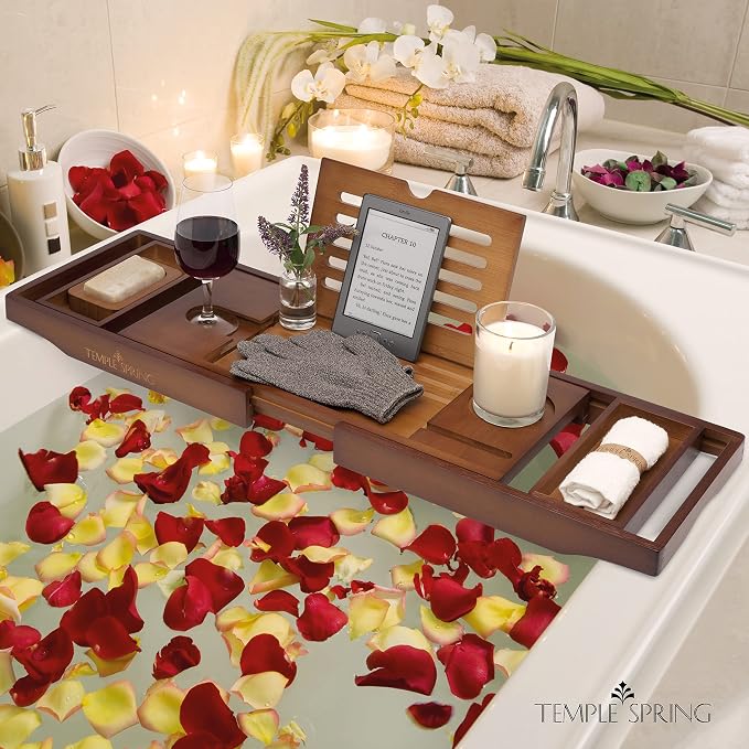 Temple Spring Bamboo Bathtub Tray Caddy for Tub — Expandable Wood Bath Tray with Solid Book Stand Wine Holder and Non-Slip Pads — Includes Bamboo Soap Dish and Spa Accessories — Luxury Bath Gift Set