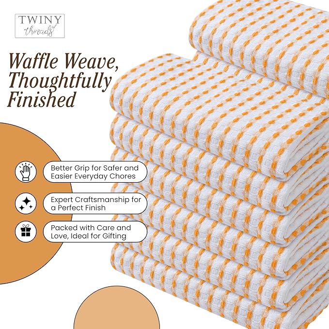 TWINY threads Waffle Dish Towels Set of 4, 16"x26" Kitchen Cloths, 100% Cotton, Soft & Absorbent Waffle Weave Hand Towel for Drying, Wiping, Polishing & Daily Kitchen Tasks, Mustard Yellow, White