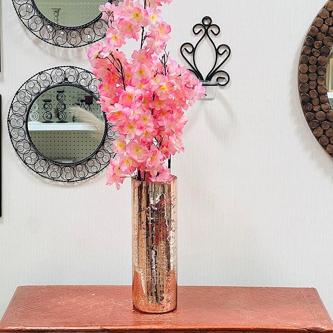 Hosley Mercury Rose Gold Glass Vase Decorative Glass Hurricane Vase 4" Dia X 12" H. Ideal for Floral Arrangements Cut Flowers Weddings Aromatherapy DIY Craft Projects Led Lantern Votive Garden Spa