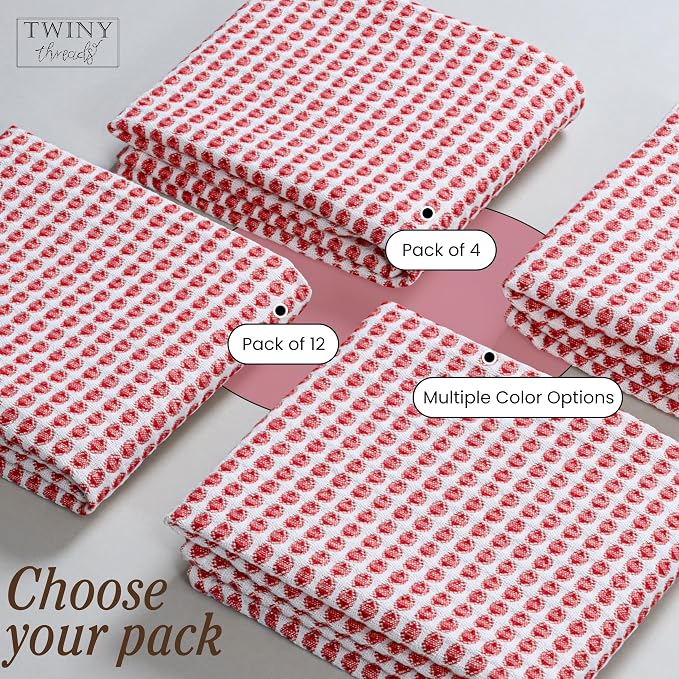 TWINY threads Circle Waffle Dish Towels 4 Pack, 16x26 Inches, 100% Cotton, Durable, Soft, Waffle Weave Hand Cloths, Heavy Duty Wash Rags for Kitchen, Bar, Household, Red
