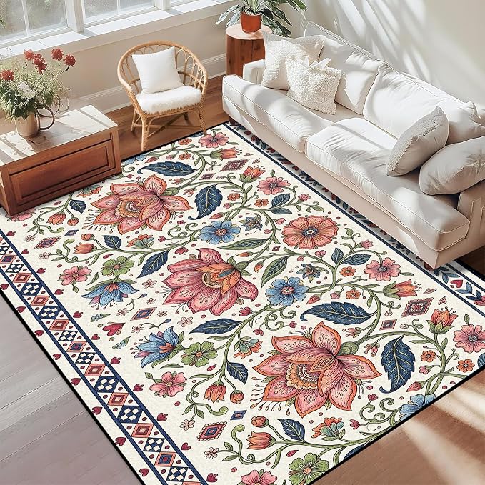 2'x3' Boho Floral Area Rug Vintage Colorful Botanical Carpet Non-Slip Washable Rugs for Entryway Bedroom Living Room Nursery Kitchen Playroom Home Decor
