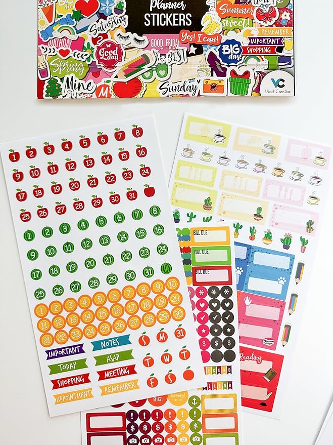 Vladi Creative Planner Stickers - 1054 Pieces, 15 Sheets, Decorative & Productivity-Boosting Colorful Stickers for Journals, Calendars, Scrapbooking, Time Management, & DIY Planner Decoration