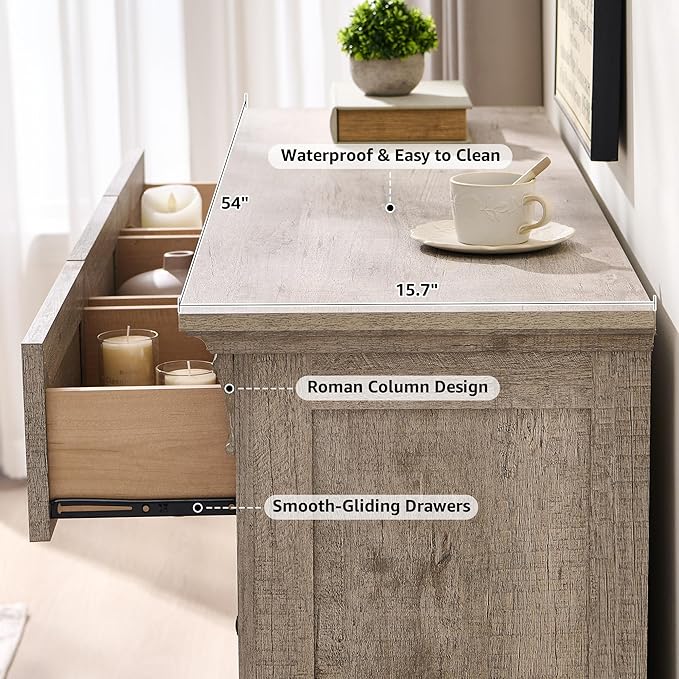 T4TREAM Farmhouse 7 Drawers Dresser for Bedroom, 54" Wide Wood Rustic Chest of Drawers w/Roman Column, Wooden Storage Dressers Organizer for Bedroom, Living Room, Light Rustic Oak