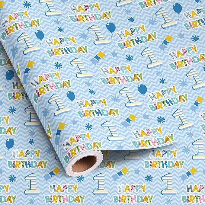 Altarho 1st Birthday Wrapping Paper Roll - Blue Happy Birthday with Balloon Gift Wrap Sheets for Kids Boys Baby Shower Party Decoration Celebration Total 28.5sq.ft