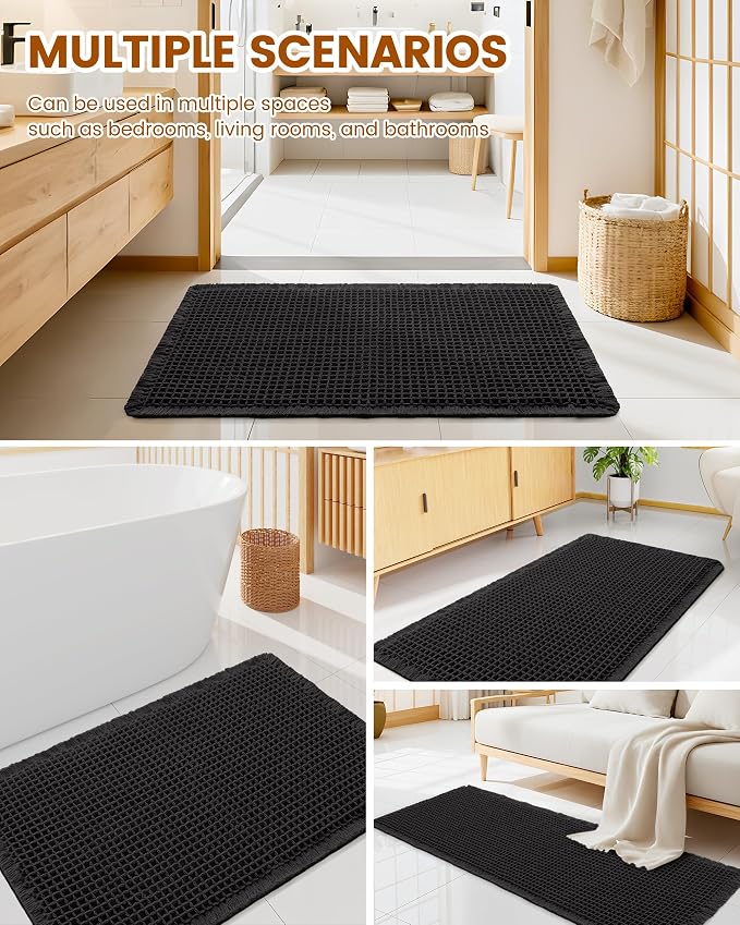 Smiry Waffle Bath Mat 24x16, Extra Soft Absorbent Bathroom Rugs, Non Slip Machine Washable Quick Dry Bath Rugs for Bathroom Floor, Tub, Shower, Home Decor Accessories, Black