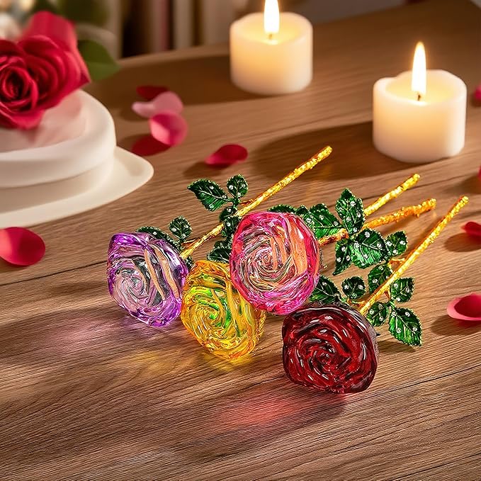 HDCRYSTALGIFTS 9.5'' Crystal Rose Flower Glass Purple and Yellow Flowers with Green Leaves for Wedding Anniversary/Wife, Romantic Forever Gifts for Her (Pack of 2)