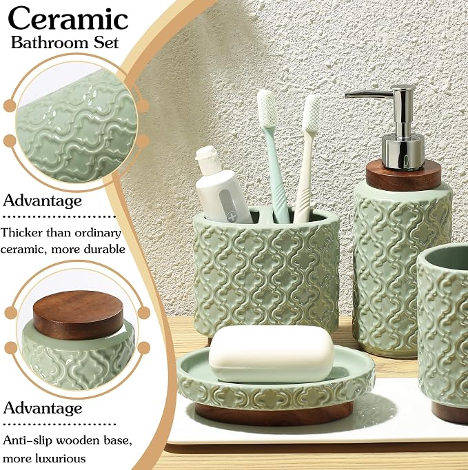 RQYIXI Elegant 5 PCS Ceramic&Wood Bathroom Accessories Set:Soap Dispenser,Toothbrush Holder,Tumbler,Soap Dish,Cotton Swab Jar,Easy to Clean,Quatrefoil Pattern,Green-Affordable Home Luxury