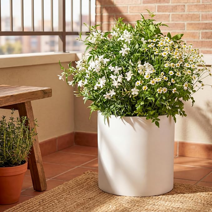 FaithLand 12 Inch Fiberstone Planter - Lightweight Modern Cylinder Plant Pot with Drainage Hole & Plug, Indoor Outdoor Use, Matte White