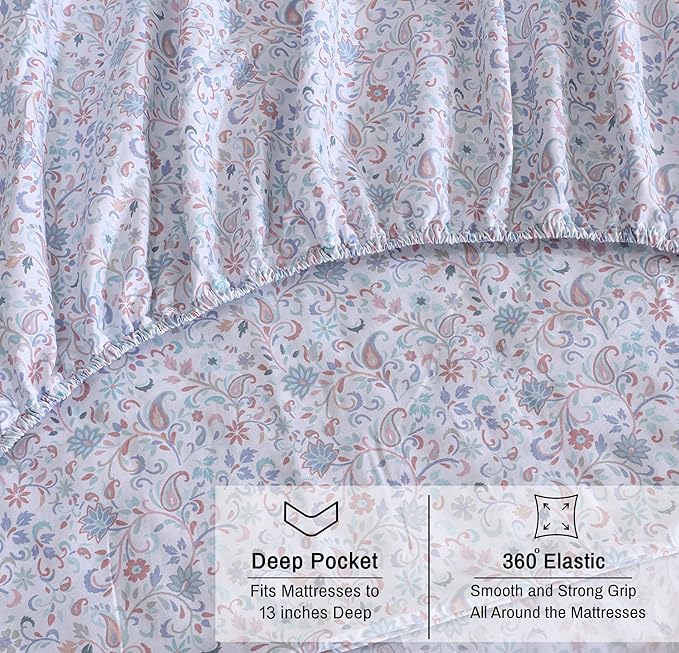 RUVANTI 100% Organic Cotton Sheets California King, Percale Weave, GOTS Certified, 4-Piece Set, Deep Pocket 13", Crisp & Breathable, Soft Durable Bedding, Sábanas Algodón Orgánico – Multi Paisley