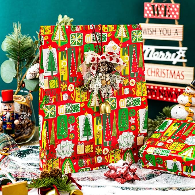 MAYPLUSS Christmas Wrapping Paper Roll, Red and Green Christmas Tree Wrapping Paper, Reversible Modern Holiday Gift Wrap with Trees Presents Snowflakes for Festive Gift Packaging (17 Inch X 33 Feet)