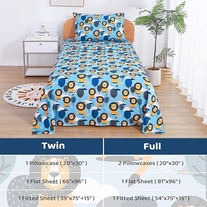 Viviland 3 Pieces Boys Blue Twin Sheet Set - Soft Microfiber Fitted Flat Sheets & Pillowcase - Lion Tree Bedding Sets - for Kids & Toddlers