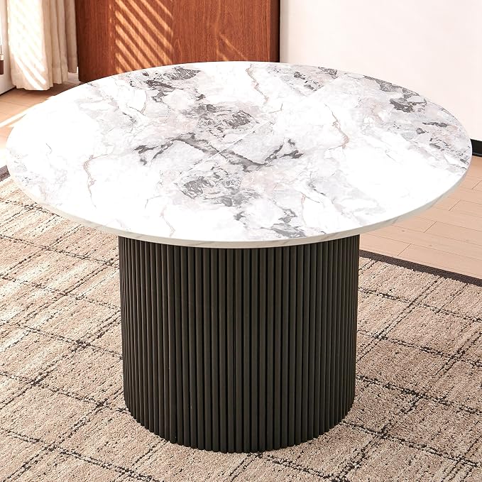 Homedot Modern Round Pedestal Dining Table for 4-6, 47" Kitchen Table with White Marble Grain Tabletop Engineered Wood Base, Classic Dinner Table Fluted Easy Assemble for Living Room Dining Room