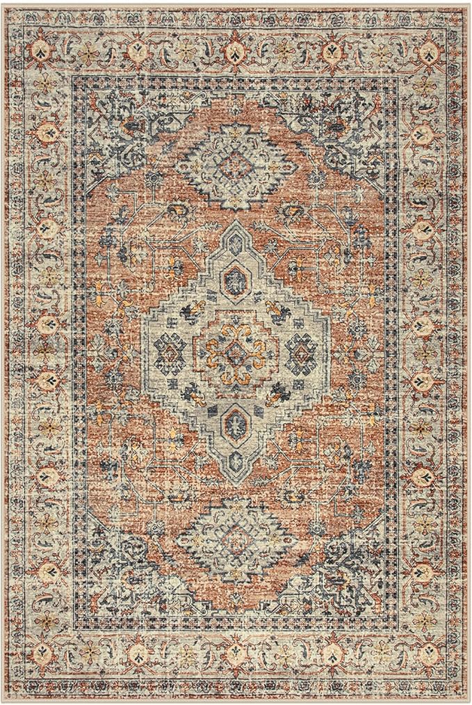 Lahome Oriental Door Mat Indoor Entrance, 2x3 Washable Fall Indoor Rugs for Entryway Soft Small Kitchen Rugs Non Slip Ultra-Thin, Vintage Door Mat Carpet for Bedroom Bathroom, Peach/Orange