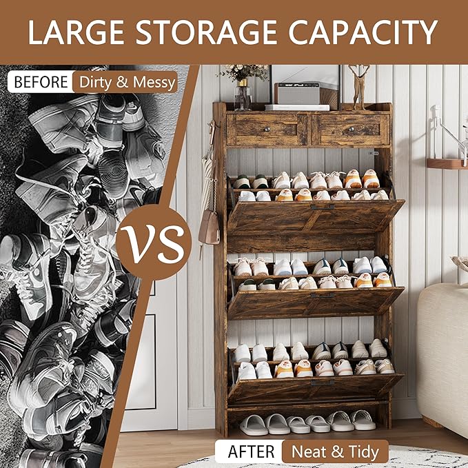 Shoe Cabinet with 3 Flip Drawers & 2 Top Drawers, 57" Tall Freestanding Narrow Wooden Shoe Storage Organizer for Entryway, Hidden Slim Shoe Rack for Front Door Entrance, Hallway, Living Room, Brown