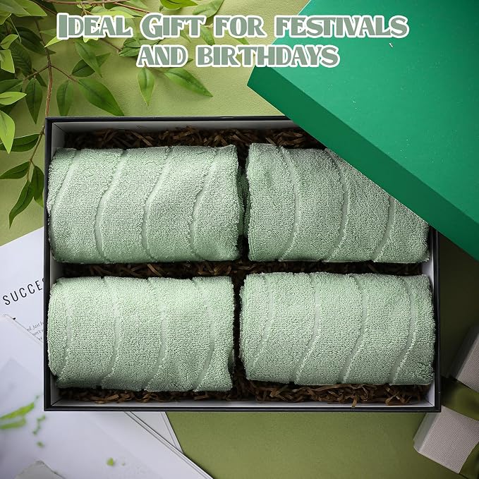 VitalCozy 4 Pcs Bathroom Hand Towels Set Light Green Wavy Striped Jacquard Towels 14x29 Inch 100% Cotton Soft Absorbent Decorative for Guest Bathroom Kitchen