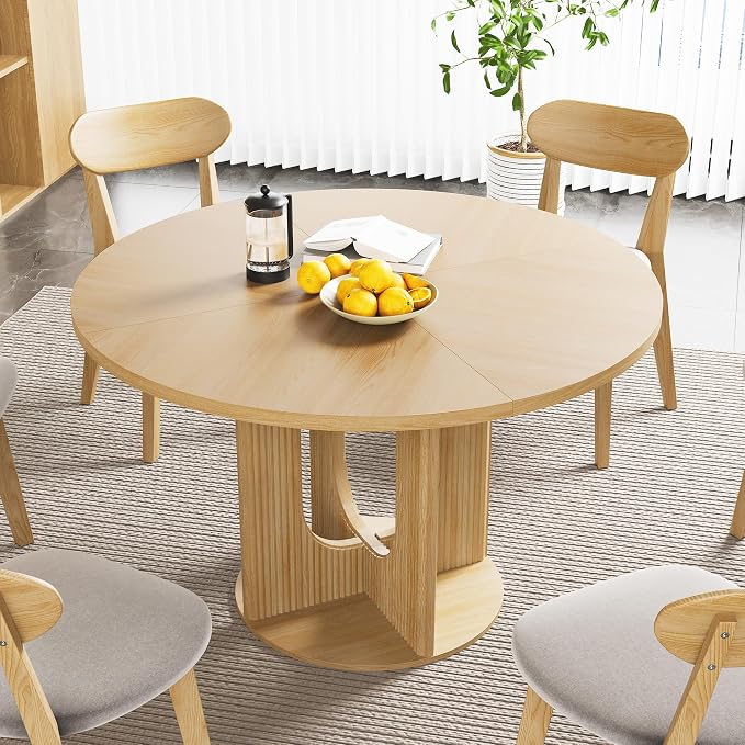 weselon Farmhouse Round Fluted Dining Table for 4, 47 Inch Circle Kitchen Table with Wooden Pedestal Base, Dinner Tables for Home Living Room Kitchen (Natural)
