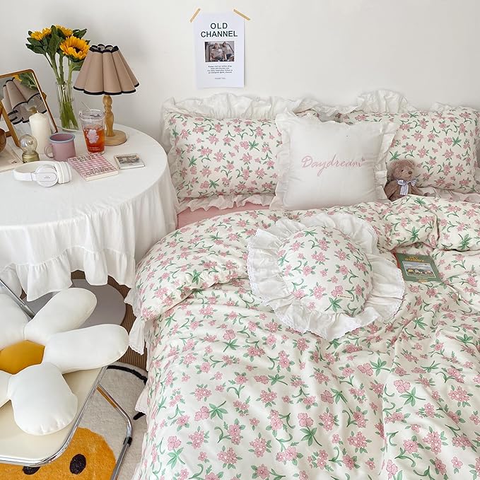 VM VOUGEMARKET Pink Floral Comforter Set Queen Romantic Ruffle Comforter with 2 Pillow Shams Vintage Cozy Princess Bed Comforter Set for Girls Women(3pcs,Queen)