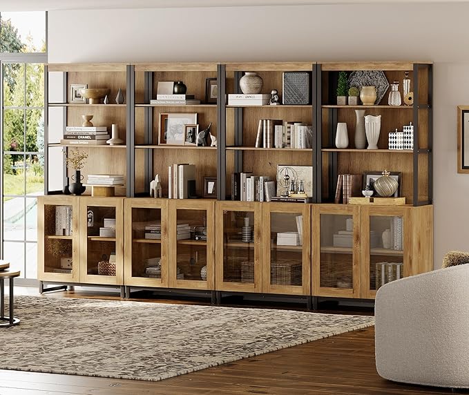 WAMPAT 4 PCS Modern 72" Tall Bookcases with Glass Doors and Adjustable Shelves, Library Book Shelf with Storage Cabinet and Open Book Shelfs, Wood Bookshelves for Home Office, Living Room, Oak
