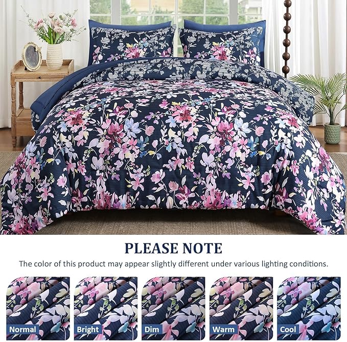 Dobuyly King Size Comforter Set, 7 Pieces Navy Blue Floral Comforter Set, Bed in a Bag King with Botanical Flowers Pattern, All Season Farmhouse Bedding Set with Sheets, Pillowcases & Shams