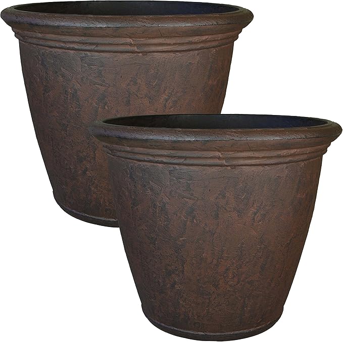 Sunnydaze 24-Inch Anjelica Large Plastic Pot for Plants - Double-Walled Outdoor Polyresin Round Planter Porch Pot with Drillable Drainage Holes - Rust - 2pk
