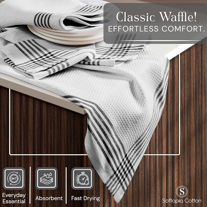 Waffle White & Black 4 Pack Kitchen Dish Towels, 100% Cotton, 16x26 inches, Wash Rags for Drying Dishes, Highly Absorbent, Long Lasting Hand Towels Set for Daily Cooking & Cleaning