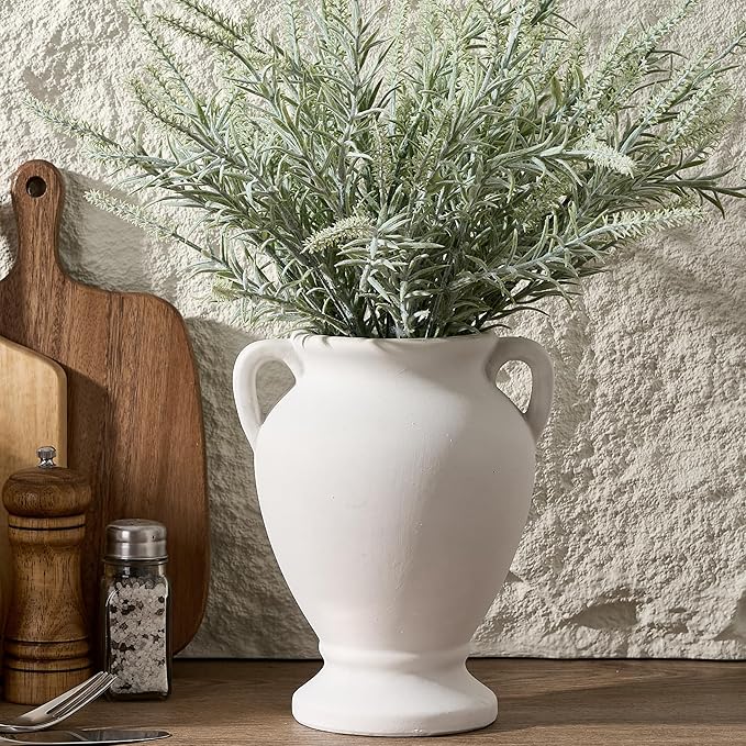 Ceramic Rustic Flower Vase with Handles, 8.46 Inch Tall Vintage Pottery Home Decor, Farmhouse Terracotta Vase for Living Room, Table, Shelf, Mantel Decoration, Farmhouse- Off-White