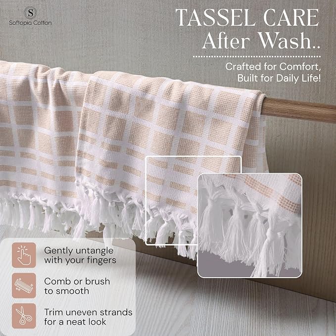 Matrix Dobby Kitchen Towels 12 Pack 100% Cotton, 16"x26", Handmade Knotted Tassel Dish Towels, Reusable & Washable Cloths for Drying, Absorbent Tea Towel for Cleaning - Beige, White