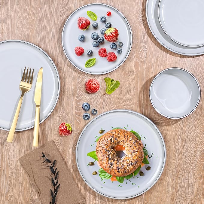 E-far Stoneware Dinnerware Sets for 6, 18 Pieces Reactive Glaze Plates and Bowls Sets, Elegant Dishes with Rustic Terracotta Clay Base, Dishwasher & Microwave Safe, Scratch Resistant, Glacier White
