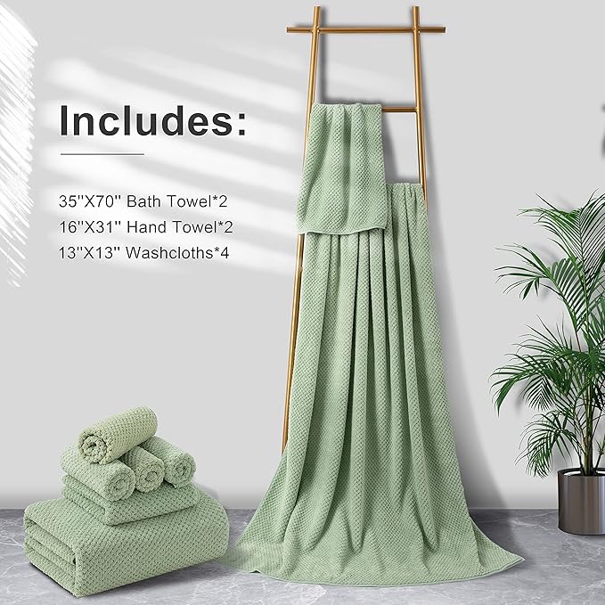 8-Piece Bath Towel Set, 2 Extra Large Bath Towel Sheets, 2 Hand Towels and 4 Washcloths - Highly Absorbent Quick Dry Polyester,Ultra Soft Towel Set for Bathroom, Waffle Weave Design, Pack of 8, Green