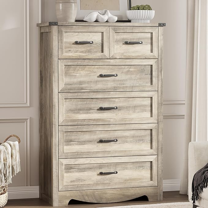 Dresser for Bedroom with 6 Drawers, 49" Tall Wood Chest of Drawers with Deep Drawers & Mental Handle, Modern Dresser TV Stand, Wooden Closet Storage Organizer for Living Room, Hallway, Entryway, Grey