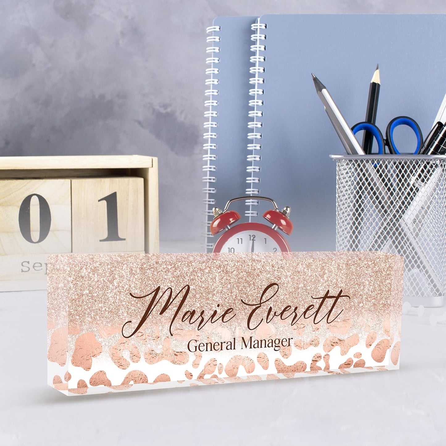 Skiennix Custom Name Plate - Personalized Desk Name Plate | Elegant A-Rose Gold Leopard Print Design