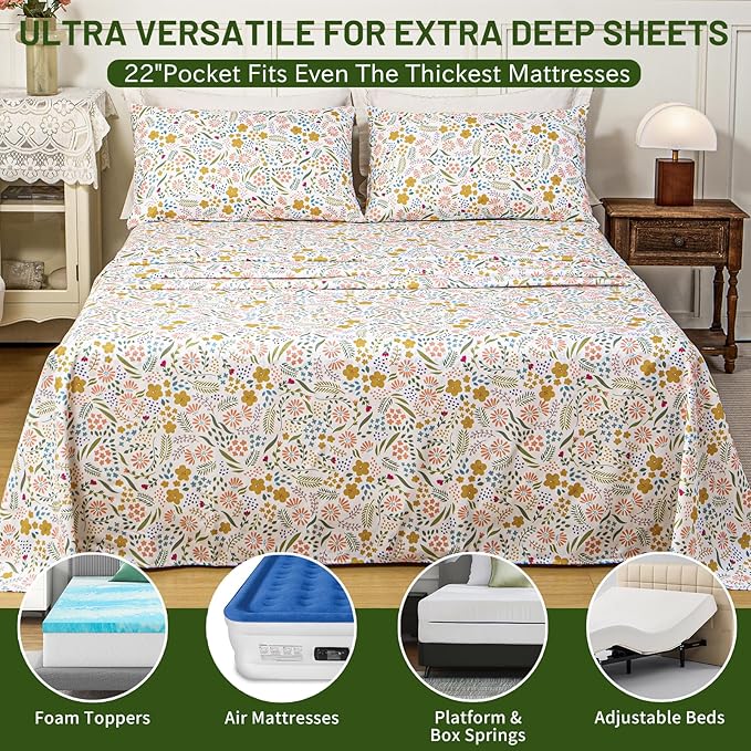 Bedlifes Extra Deep Pocket 18-24" Queen 4-Piece Sheet Set - Cooling Sheets Blend Rayon Derived from Bamboo Soft & Breathable,Featuring Floral