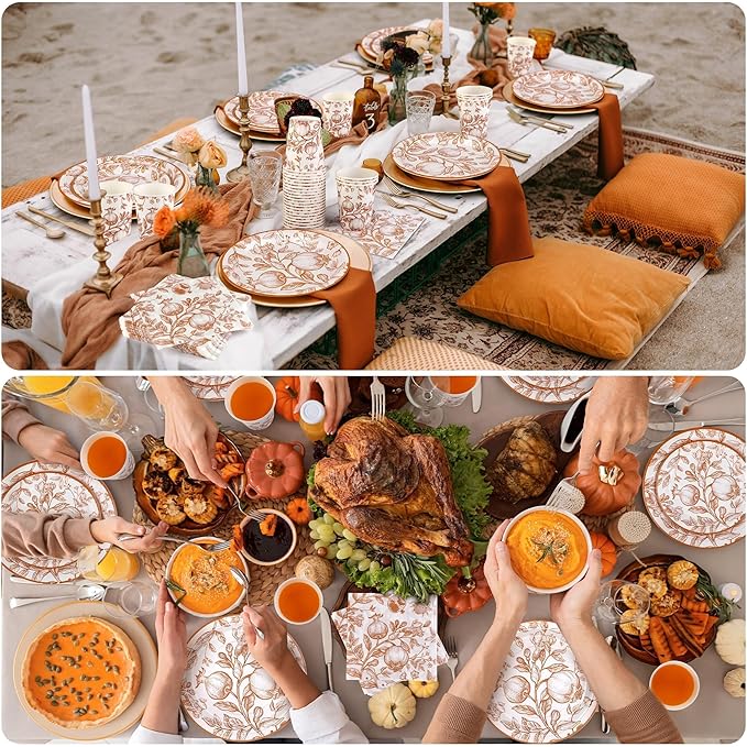 96 Pieces Fall Disposable Pomegranate Paper Plates Thanksgiving Vintage Floral Party Supplies Orange Floral Tableware Set Includes Paper Plates Cups Napkins Serve 24 for Wedding Baby Shower