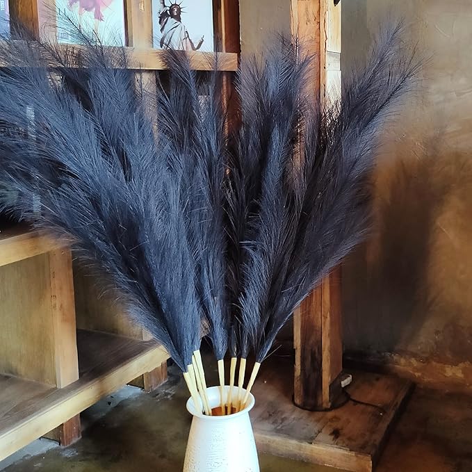 Premium Faux Pampas Grass Decor Tall & Fluffy, No Assembly Needed Long Pampas, Luxury Large Floral, Elegant Feather Flowers for Wedding Decorations (Faux Black, 8pcs 43.3"(110cm))