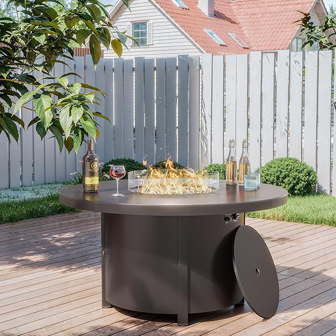 Kullavik 48" Round Propane Fire Pit Table,55000 BTU Auto-Ignitiongas Gas Fire Table with Fire Glass and Lid,Waterproof Cover and Blue Glass Stone for Patio,Balcony,Garden