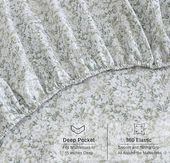 RUVANTI 100% Organic Cotton Sheets Queen Size, Percale Weave, GOTS Certified, 4-Piece Set, Deep Pocket 15", Crisp & Breathable, Soft Durable Bedding, Sábanas Algodón Orgánico – Floral Rush